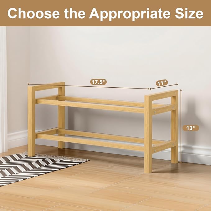 Haddockway Bamboo Shoe Rack for Closet, Free Standing Shoe Organizer with Smooth Round Rods & Convenient Handles, Stackable Shoe Storage Shelf for Entryway, Hallway(Natural, 2-Tier(Small))