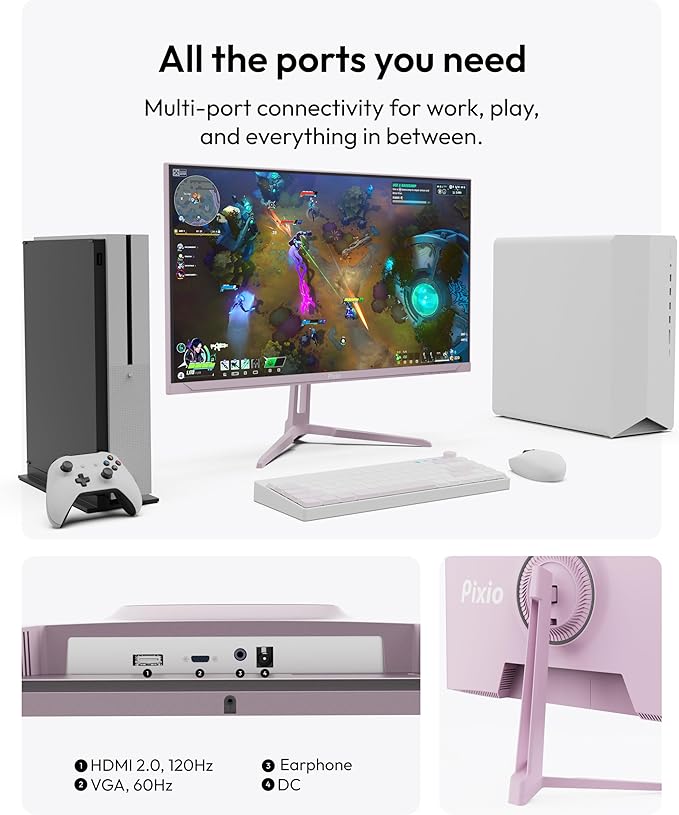 Pixio PX246 Wave Pink 24 inch 120Hz Refresh Rate FHD 1080p Resolution IPS Panel 4ms GTG Response Time Gaming Monitor with Adaptive Sync