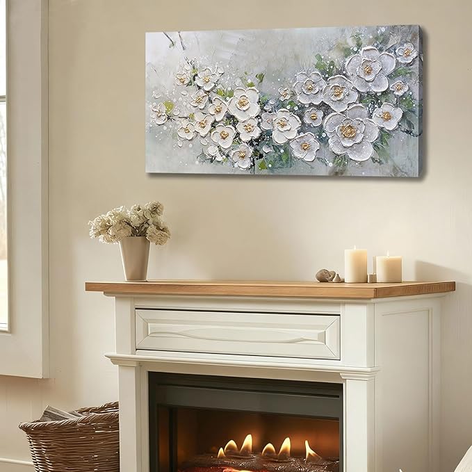 Brushart White Flower Wall Art Textured Floral Canvas Art Wall Decor Living Room Large Picture Wall Art Paintings Artwork for Walls Bedroom Home Office, 58"x29"