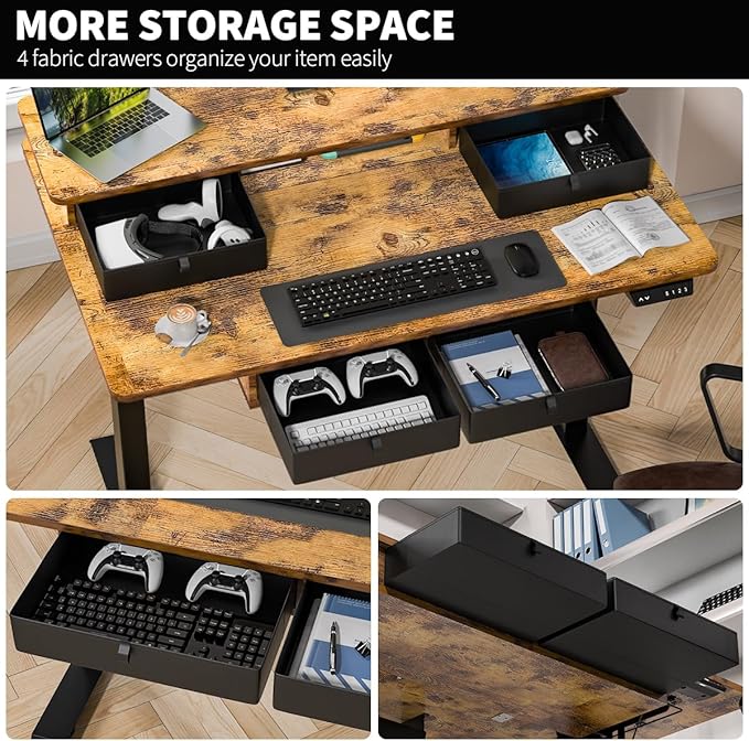 Kingant Standing Desk with Fast Charging USB Ports, 48" x 30" Height Adjustable Home Office & Gaming Desk, Sit Stand Desk with Built-in Storage Shelf, Hook & Ergonomic Design(Rustic Brown)