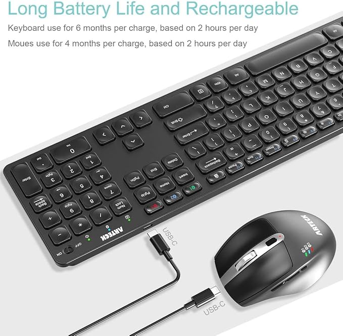 Arteck Universal Multi-Device Bluetooth Keyboard and Mouse Full Size Wireless Bluetooth Keyboard and Ergonomic Mouse Set for Windows, iOS, Android, Computer Desktop PC Laptop iPad Tablet Smartphone