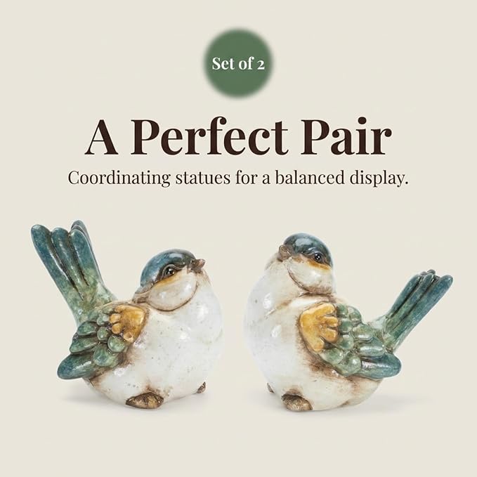 The Bridge Collection Set of 2 Decorative Bird Figurines - Rustic Farmhouse Style Songbird Statues - Vintage Inspired Home Accents