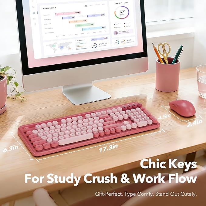 Wireless Keyboard and Mouse Combo with Phone/Tablet Holder, Cute Full-Size Typewriter-Style Keyboard, Retro Round Keycaps, 3-Level DPI Mouse, 2.4GHz Cordless Connection for Windows/PC/Laptop (Pink)