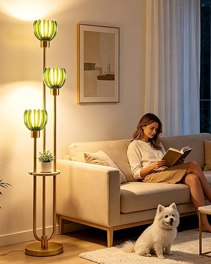Lightdot 3-Lights Glass Floor Lamp for Living Room Modern Gold Floor Lamps with Lotus Green Glass Shade& Bulbs Included for Wedding/Party Tall Standing Lamp for Bedroom/Sofa Beside/Corner Decor