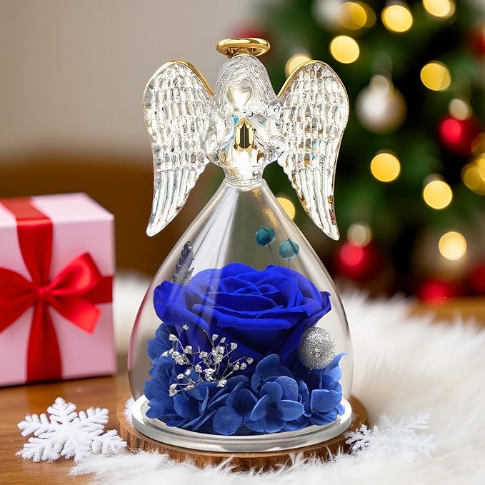 Yamonic Mom Birthday Gifts for Mom, Angel Figurines with Real Rose Gifts for Her Mom Grandma,Preserved Flowers Rose Angel Figurines for Mothers Day Christmas Anniversary Birthday Gifts for Her (Blue)