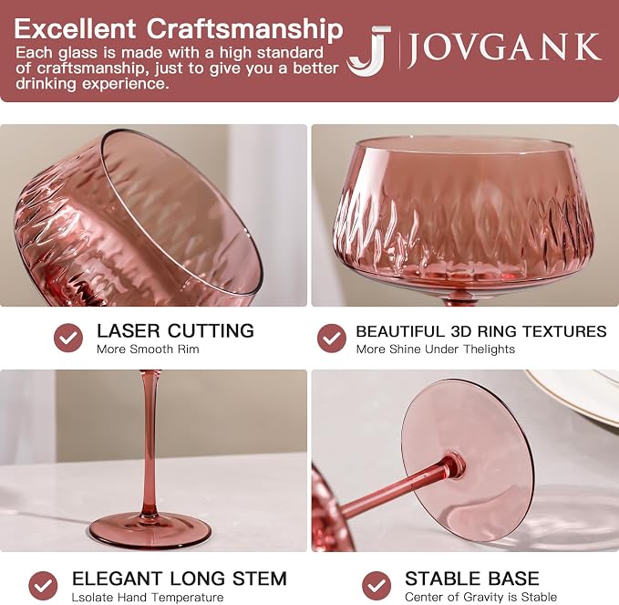 JOVGANK Colored Martini Set of 6, Hand Blown Colorful Cocktail Glasses 14Oz, Vintage Champagne Coupe, Large Margarita, Crystal Retro Style Bar Drinking, Multicolor