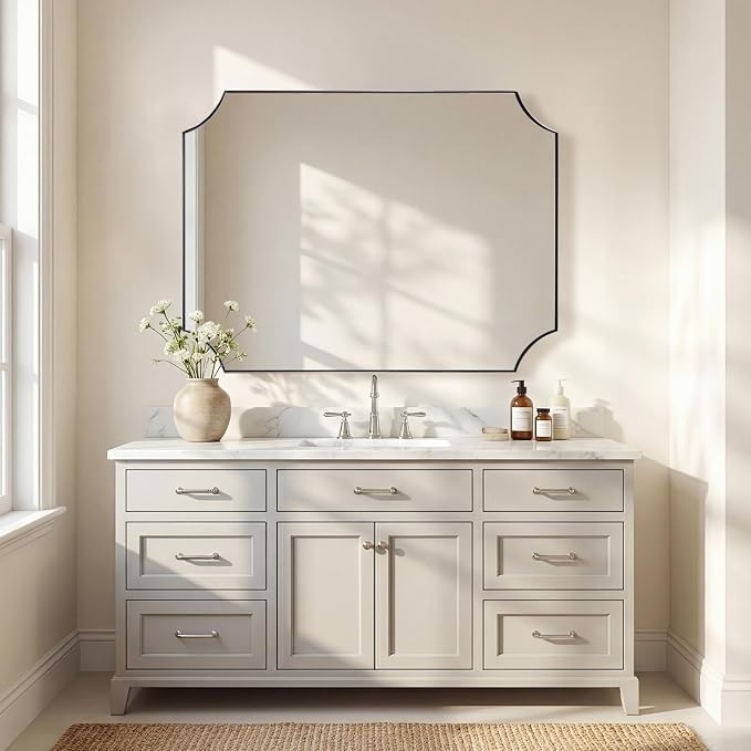 ANDY STAR 36"x48" Large Bathroom Mirror, Chrome Vanity Mirror, Scalloped Rectangle Mirror in Rustproof Stainless Steel Thin Frame, Aesthetic Scalloped Corner Design, Ideal for Large Bathroom Remodel