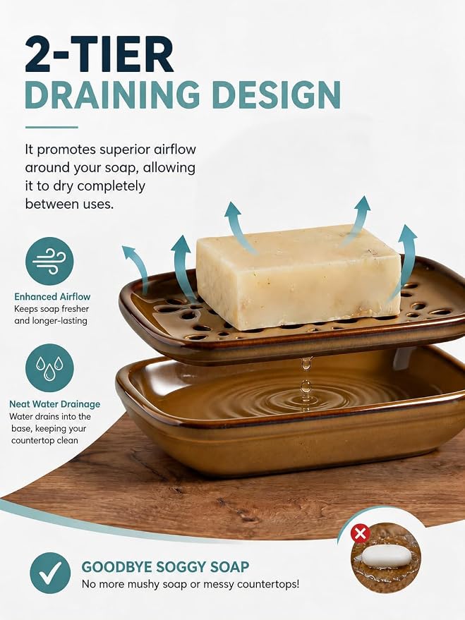 Miamolo Soap Dish with Draining Tray, Bar Soap Holder for Shower Bathroom Bathtub Kitchen Sink, Mess-Free Soap Container Saver with Non-Slip Base, Water Collection Tray Housewarming Gift, Brown