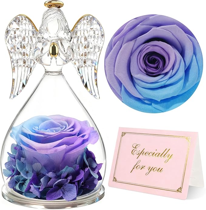 Yamonic Gifts for Mom Birthday,Angel Figurines with Real Rose Gifts for Her Mom Grandma,Preserved Flower Rose for Valentines Day Mothers Day Christmas Anniversary Birthday Gifts for Women(Blue-purple)
