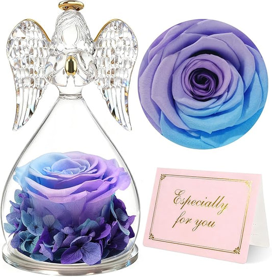 Yamonic Gifts for Mom Birthday,Angel Figurines with Real Rose Gifts for Her Mom Grandma,Preserved Flower Rose for Valentines Day Mothers Day Christmas Anniversary Birthday Gifts for Women(Blue-purple)