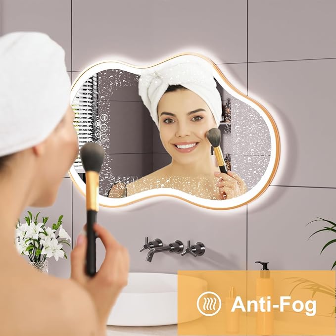 WTTY LED Irregular Bathroom Mirror 26x46 Inch with Front & Back Lights - Asymmetrical Design, Anti-Fog, Dimmable 3 Color Temperatures, Shatterproof Glass, Horizontal or Vertical Mount (Gold Frame)