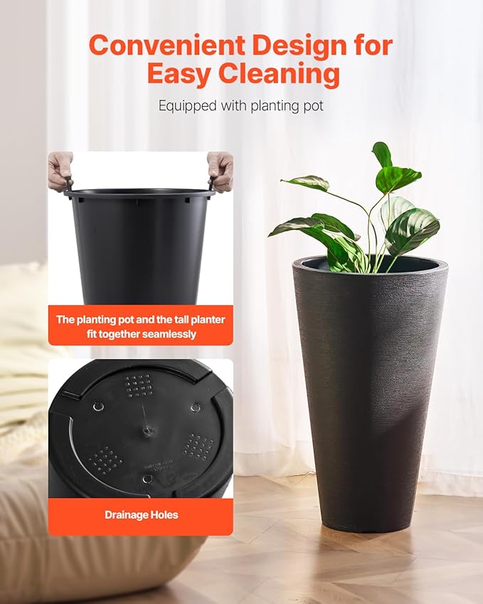 VEVOR Set of 2 Tall Planter for Outdoor Indoor Plants 24inch, Black Round Large Planters for Front Porch, Patio, Tall Taper Flower Tree Plant Pots with Modern Design and Built-in Drainage
