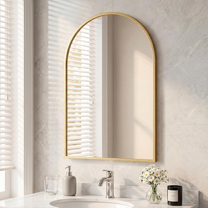 Arched Gold Bathroom Mirrors for Wall, 24x36-Inch Wall Mirror for Over Sink, Vanity Mirror with Matte Metal Frame and HD Shatter-Proof Glass for Entryway, Living Room, Bedroom