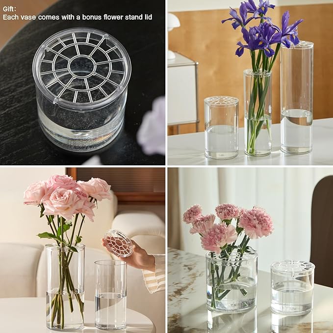 Acrylic Cylinder Clear Vases, Tall Large Plastic Flower Vase for Bouquet, Unbreakable Hurricane Vases Set of 3 for Centerpieces (D 6", D 4.8", D 4" + 3 Holder)