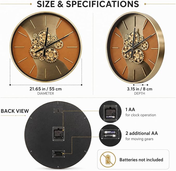 21.65 Inch Moving Gear Wall Clock, Battery Operated Steampunk Industrial Large Clock, Antique Bronze Metal Frame with 3D Scales, Unique Decorative Wall Clock for Living Room Farmhouse Office Decor