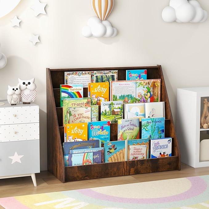KOTEK 5-Tier Kids Bookshelf, Wooden Floor Display Shelf for Books and Magazines, Toddler Bookcase, Montessori Book Shelf for Kids Room, Daycare, Preschool, Classroom (Rustic Brown)