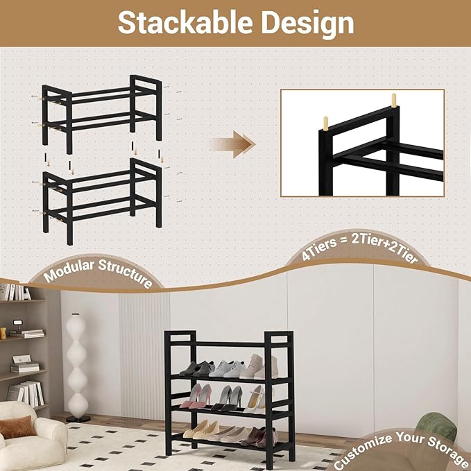 Haddockway Bamboo Shoe Rack for Closet, Free Standing Shoe Organizer with Smooth Round Rods & Convenient Handles, Stackable Shoe Storage Shelf for Entryway, Hallway(Black, 4-Tier(Small))