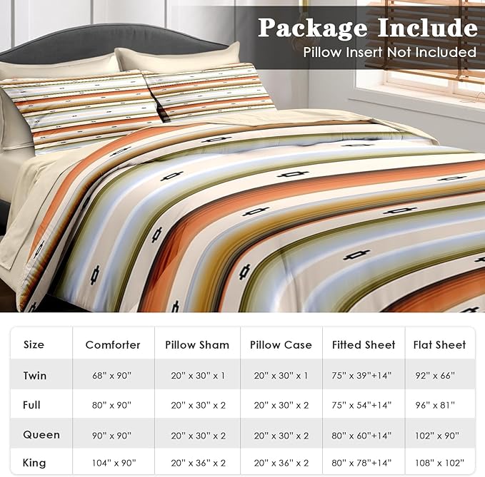 Comforter Set King Size, Geometric Tribal Striped 7 Pcs Bedding for Kids and Adults, Boho Modern Colorful Bed Sheet Sets with Fitted Sheet 2 Pillowcase & 2 Sham for Bedroom Bed Decor