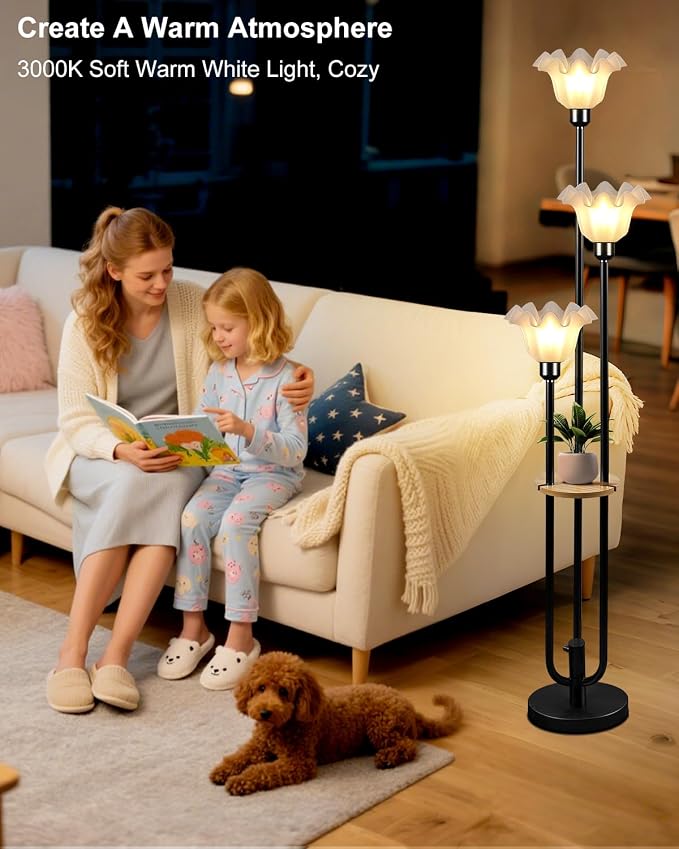 Vintage Flower Floor Lamp for Living Room, Mid Century Modern Floor Lamp Dimmable with Shelf & LED Bulbs, 3 Light 3000K Warmwhite Black Tall Standing Lamp for Bedroom Girls Room Home Decor