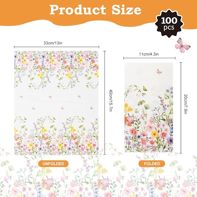 100Pcs Disposable Floral Paper Napkins Decorative Bathroom Napkins Guest Disposable Wild Flower Hand Towels Dinner Party Napkins for Wedding Birthday Party Baby Shower