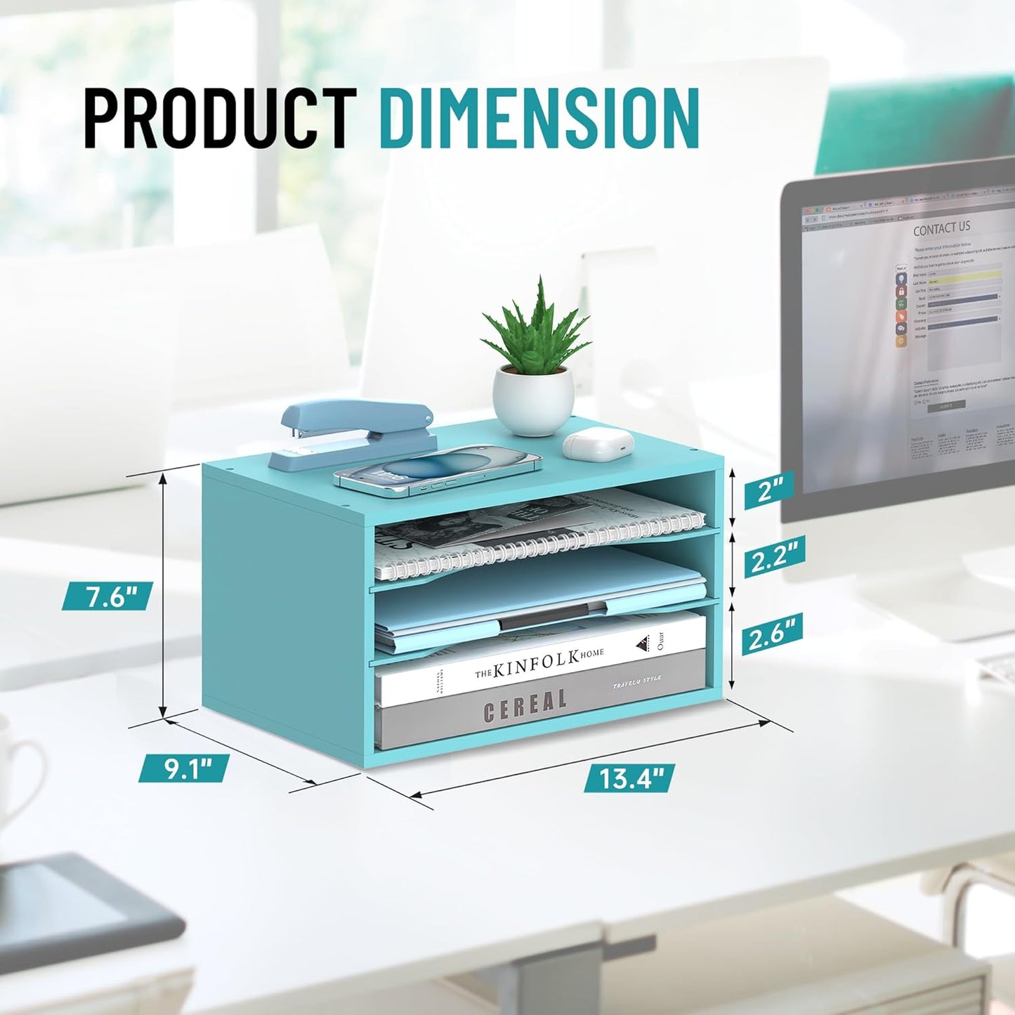 Skiennix Wood Desk Organizer - 3-Tier Adjustable Paper Tray for Office & Home | Blue