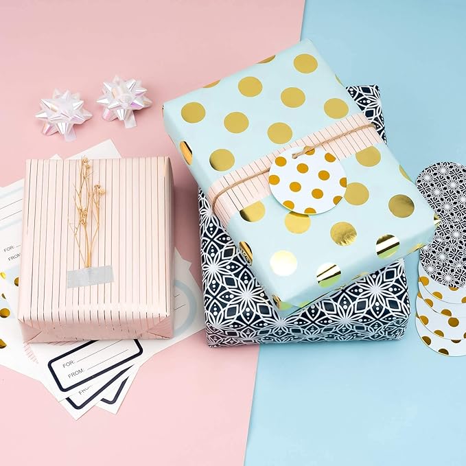 MAYPLUSS Wrapping Paper Set - Mini Roll with Bow & Ribbon & Gift Tags & Stickers - 17 inch X 120 inch Per roll - Pink Gold Stripe, Blue Polka dots and Black Floral Design (42.3 sq.ft.ttl)