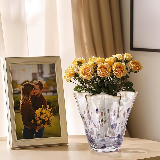 Hand Blown Amber Glass vase, Unique Brown Glass Wide Mouth vase for Console Office TV Stand Coffee Table entryway Entrance Desktop Living Room Table Centerpiece.