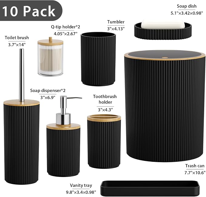 10PC Bathroom Accessories Set - Black and Wooden Bathroom Sets, Bathroom Accessory Set with Pop Up Trash Can, Toilet Brush, Trash Can, Qtip Holder & Soap Dispenser