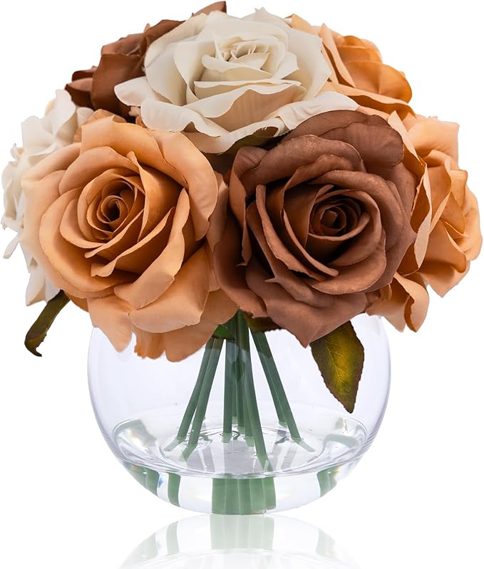WELL KNOWN Silk Rose Artificial Flowers Arrangements with Vase, Artificial Coffee & Orange Rose Bouquet in Vase with Faux Water for Fall Home Party Wedding Table Centerpieces Decor & Gift (Earth)