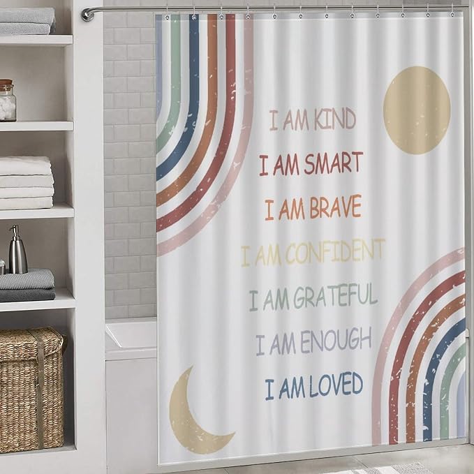Rainbow Shower Curtain, Girls Boho Rianbow Quotes Inspirational Motivational Positive Colorful Pastel for Baby Kids Waterproof Fabric Bathroom Shower Curtain Set with Hooks, 72"x78" Inch