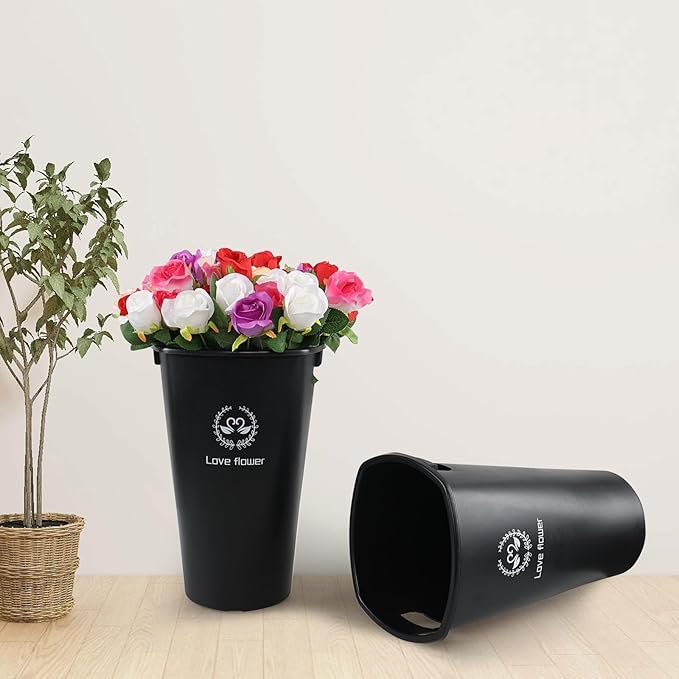 4-Pack Tall Flower Plant Buckets with Handles, Wake Up Flower Display Buckets, Flower Display Plastic Buckets, Black