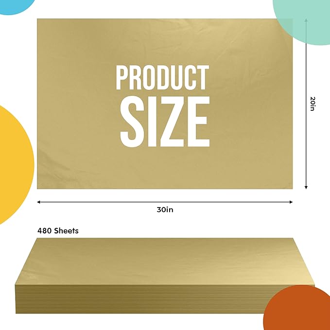 Party Solids Gold Tissue Paper for Gift Bags - 20" X 30" Bulk Tissue Paper Gold 480 Sheets - 10lb Newsprint for Packing, Birthday Gift Box Filler, Packing Supplies for Moving Supplies