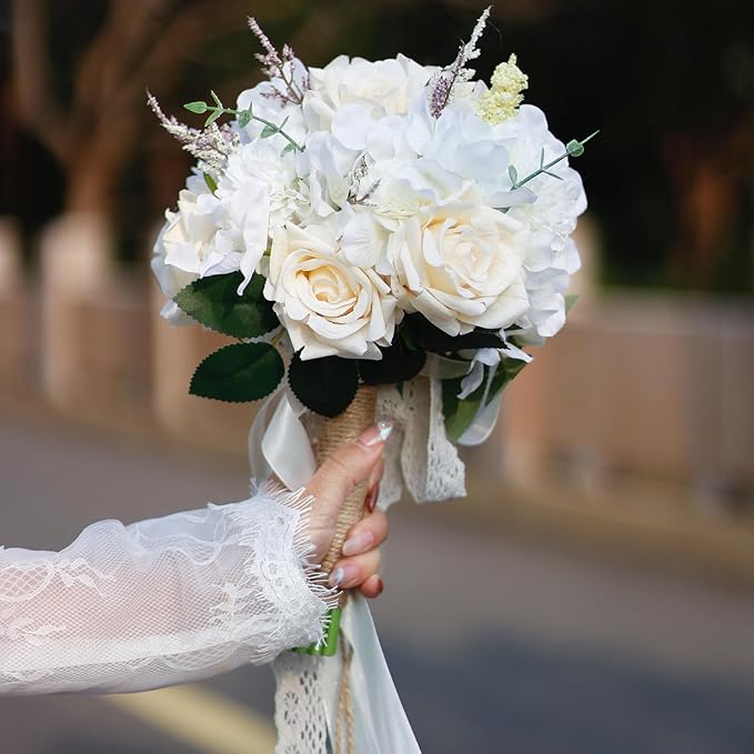 Wedding Bouquets for Bride Bridesmaid,Large Big Bridal Bouquet White Champagne Ivory Artificial Fake Silk Roses Flowers for Wedding French Vintage Boho Rustic Church Decoration Toss Bouquet (9.5in(L))