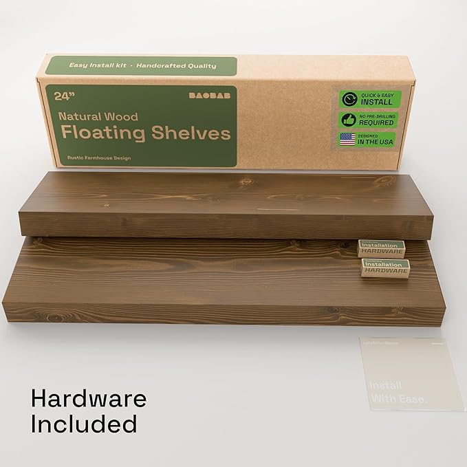 BAOBAB WORKSHOP Wood Floating Shelves, Bathroom Shelf 24 inch, Walnut Floating Shelf for Wall Mounted, Solid Wooden Wall Shelves for Bedroom Kitchen, Walnut Finish, 24 x 6.7, Set of 2