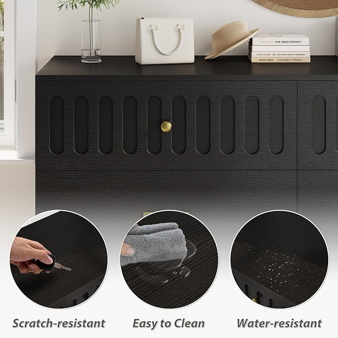 IBF Fluted Dresser with 6 Drawers for Bedroom, Large Wooden Chest of Drawers with Anti-Tipping Design for Men,Women, 54" Wide Modern Cloth Storage Dressers for Nursery,Closet,Living Room, Black Oak