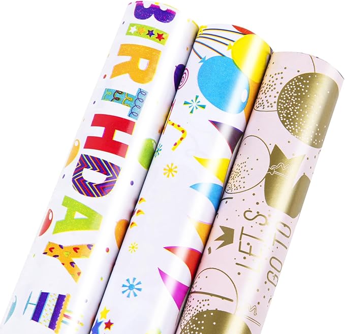 Linnoptimix Birthday Wrapping Paper Rolls -3 LARGE ROLL-27inch*78 inch per roll Colorful Foil wrapping paper (Birthday 3 White/Colorful （014）) Christmas