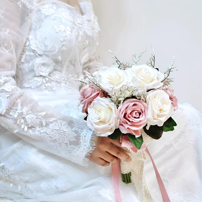 Dusty Pink Wedding Bouquets for Bride Bridesmaid,White Blush Pink Artificial Fake Silk Roses Flowers Bridal Bouquet for Wedding French Vintage Boho Rustic Church Decoration Toss Bouquet (8.6in(M))