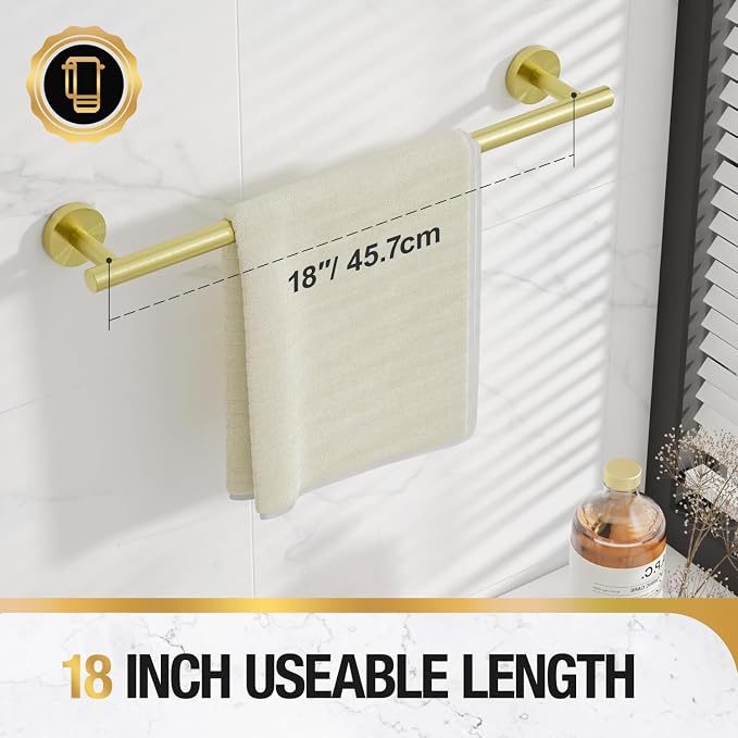 HITSLAM Gold 18 Inch Towel Bar for Bathroom, SUS304 Stainless Steel Bathroom Towel Rack Wall Mounted, Modern Home Decor Bath Towel Holder with Hardware Accessories (Total Length 19.8 Inch)