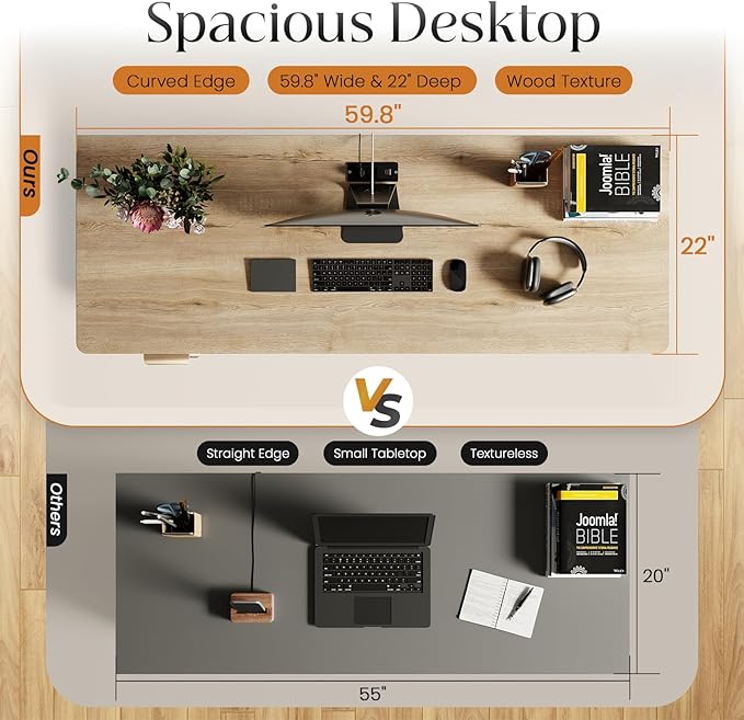 60" Fluted Home Office Desks with Storage, Modern Executive Desk Computer Desk with Drawer & Cabinet, Wood Work Desk for Office, Bedroom, Study, Living Room, Oak