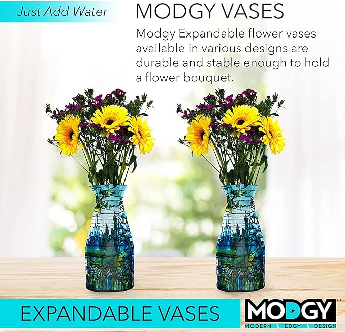 MODGY Expandable Flower Vase, Plastic Decorative Modern Foldable Printed Vases for Centerpieces for Wedding, Dining Table, Home Decor, Living Room, Bathroom, Iris Landscape, Louis C. Tiffany, 2 Pack