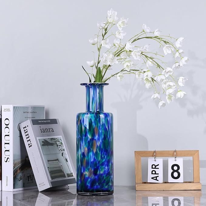 13" H Hand-Blown Glass Vase, Modern Art Glass Cylinder Vase, Green Glass Decorative Vase for Living Room Dining Table centerpieces, TV Console, Office, and Console Decor.