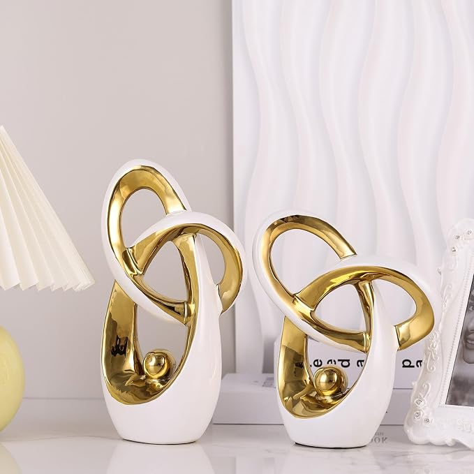 White Gold Modern Abstract Art Home Decor Accent,Statues Coffee Table Decor for Living Room,Table Centerpieces for Dining Room,Ceramic Sculptures and Gold Knick Knacks for TV Stand Decor