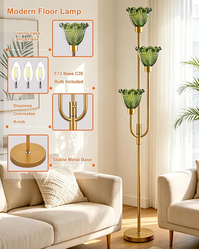 Lightdot 3-Lights Glass Floor Lamp 66IN Modern Gold Dimmable Floor Lamps with 3000K Warm White Bulbs for Wedding Party Tall Standing Lamp with Green Glass Shade for Living Room/Bedroom/Home Decor