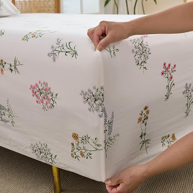 100% Cotton Sheet Set Queen Size – 4-Piece Chic Garden Floral White Bedding Set, Soft Breathable Percale Weave, Deep Pocket Fitted Sheet 17.5", Crisp Cool Feel, Refined Botanical Elegance
