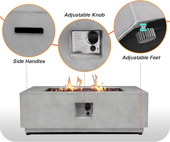 SiTimmGer 2 Pieces 42-Inch Outdoor Propane Fire Pit Table w/Tank Cover - 50,000 BTU, Concrete Rectangle Firepits | Integrated Ignition, Steel Lid, Lava Rocks & Rain Cover Included