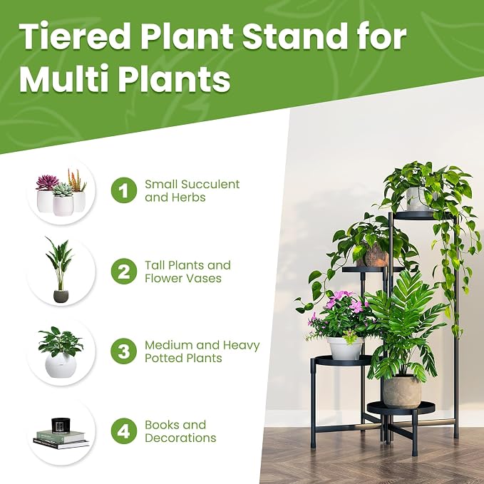Plant Stand Indoor Outdoor, 4 Tier Corner Metal Flower Display Holder Shelf, Folding Tall Orchid Rack for Patio Balcony Porch Garden Living Room House, Black