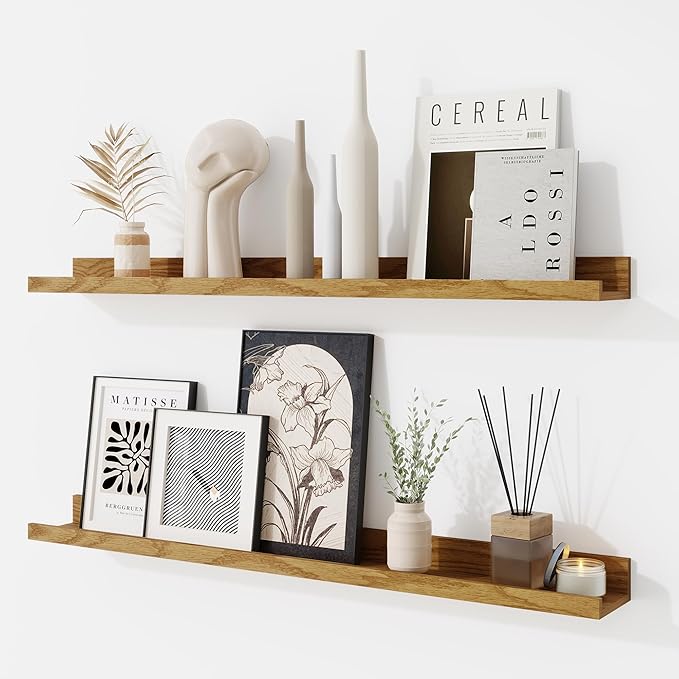 RICHFOCUS Picture Ledge Shelf, 30 inch Floating Shelves Set of 2, Wood Wall Shelves with Lip, Wall Decor Storage for Bedroom Living Room Bathroom Kitchen Nursery Photo Picture, Oak