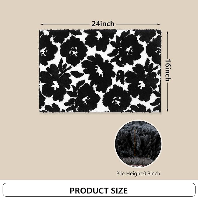 Civkor Black and White Bathroom Rug, Tufted Flower Bath Mat for Bathroom with Non Slip TPR Backing, Quick Dry Microfiber Surface, Soft and Super Water Absorbent Bath Rug, 24x16Inch