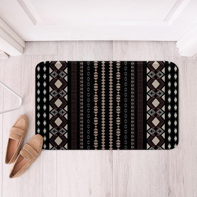 Feelyou Boho Aztec Bath Rugs 20"x32" Western Bohemian Striped Bathroom Rugs Brown Black Bath Mats for Bathroom Women Girls Soft Non Slip West Cowboy Traditional Theme Bathroom Accessoriess