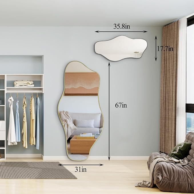 Irregular Frameless Mirror, 35.8"x17.7" Asymmetrical Tempered Glass Mirror, Modern Organic Shaped Wall Mirrors for Entryway Bedroom Living Room Bathroom, Horizontal or Vertical Hanging